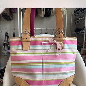 Y2K Coach Striped Pink and Tan Women's Tote Bag